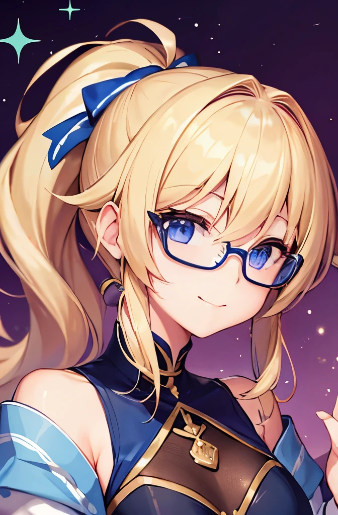 {{{{{{girl 1}}}}}}、{{{{{masterpiece}}}}}、highest quality、High resolution、{{{blonde hair ponytail}}}、{{{{beautiful girl}}}}、{{{small breasts}}}、blue eyes、Glasses、with shirt buttons、High resolution、{{{{{game CG}}}}}、bright、Sparkling、{{{{round face}}}}、{{smile}}、