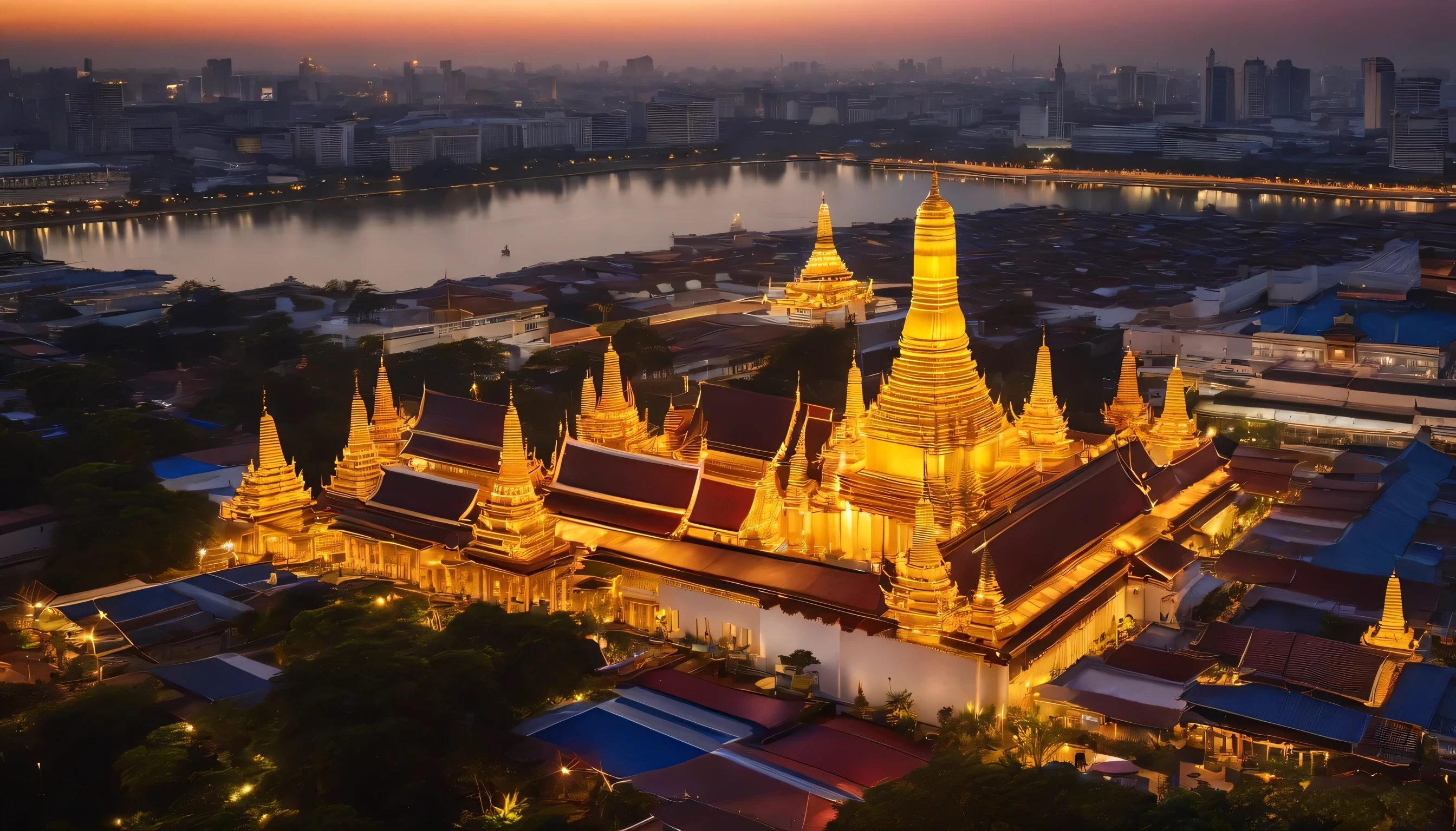 big golden temple in Thailand , settle in Bangkok, full of building around, big golden temple in center of picture ratio , drone camera view, golden temple has high color saturation , and building around low saturation, focus on temple , PM time , some street light was turn on, low shutter speed , car tail light was red line, effect from low shutter speed time.
