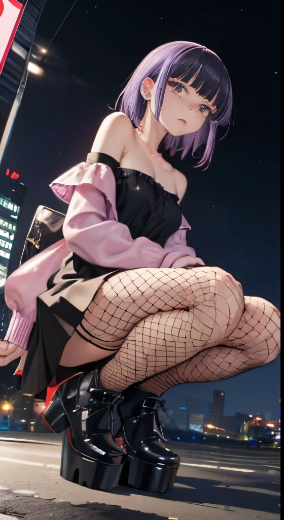 (8K、best image quality、highest quality、masterpiece)、1 girl、black hair twintails、short hair、wavy hair、dull bangs、purple eyes、Expressionless、earrings、Moderate chest、Pink ruffled clothes、off shoulder strapless、black mini skirt、((Fishnet tights))、platform leather shoes、squat、taken from below、Downtown background at night