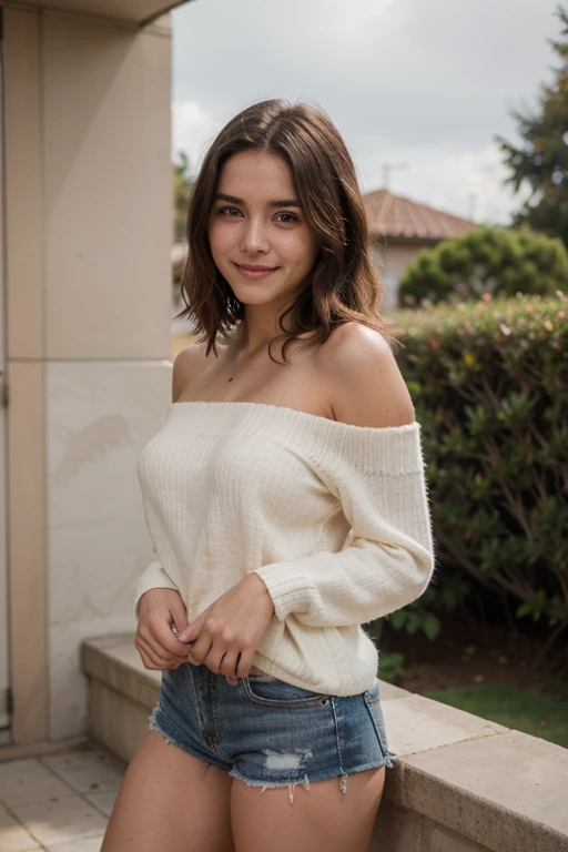 ((Mejor calidad)), ((obra maestra)), (detallado), cara perfecta, mandy kay, sonriente, off-shoulder sweater black , 20 years old, mirada sexy, cara delgada. Ambiente luminoso, sol radiante, sentada en el parque