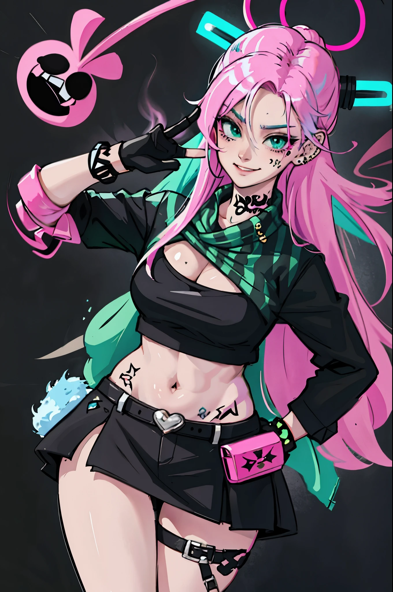 kpop girl with rizz smile face, bad ass, black gloves,neon cyan pink hair, tattoos on hands and neck, piercing, black mixed green striped sweater, cool badass pose, smoke background, colorful smoke background