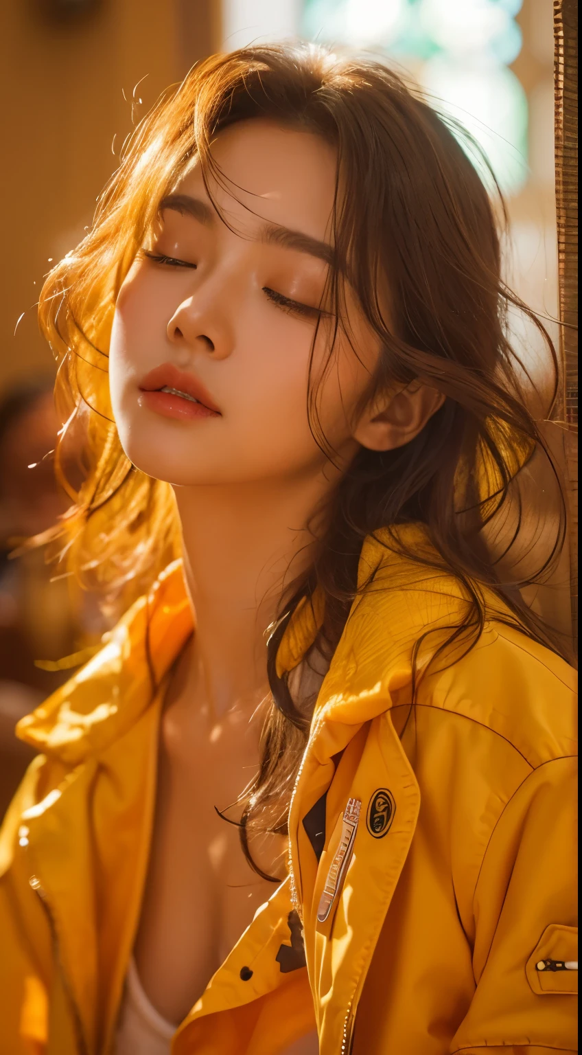 A Korea girl sleeping on floor, in church , top view details face , details body , wear bomber jacket yellow