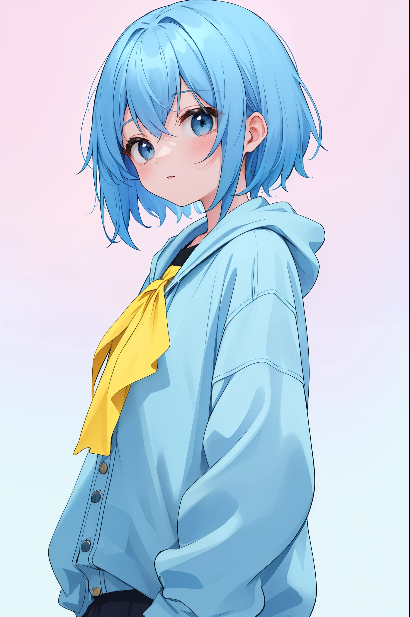 1 girl, blue hair, blue clothes with yellow elements, pink simple background, Upper body.
