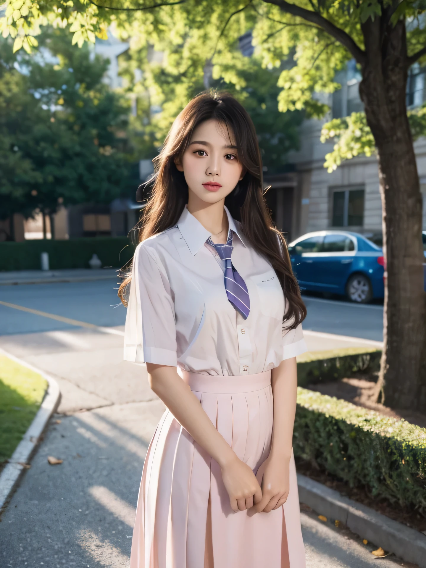 woman in a school uniform,half body shot,flowing hair,best quality,highres,on the outside of the school,focused and determined expression,vibrant colors,sunlight filtering through the trees,gentle breeze blowing her hair,meticulously detailed fabric and texture,impeccable stitching and buttons,pleats and folds in the uniform creating a sense of movement,highlighted contours and shading,realistic skin tones and subtle blush,crisp and clear lines,professional-grade rendering,subtle hint of nostalgia,soft pastel color palette,evoking a sense of tranquility,subtle lens flare adding a touch of whimsy,prominent shadows creating depth and dimension