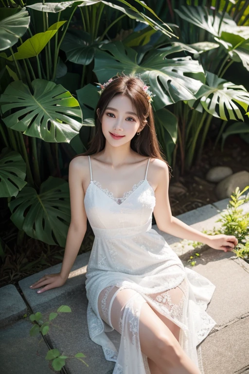 Ulsan-6500-V1.1、Extremely detailed、High definition、Raw color photo、wide shot、1 young woman、Kpop Girl、high detail skin、soft light from above、vivid colors、shiny white skin、wonderful face and eyes、Light makeup、Smile、thin lace long dress、long legs、Tropical Botanical Gardens、