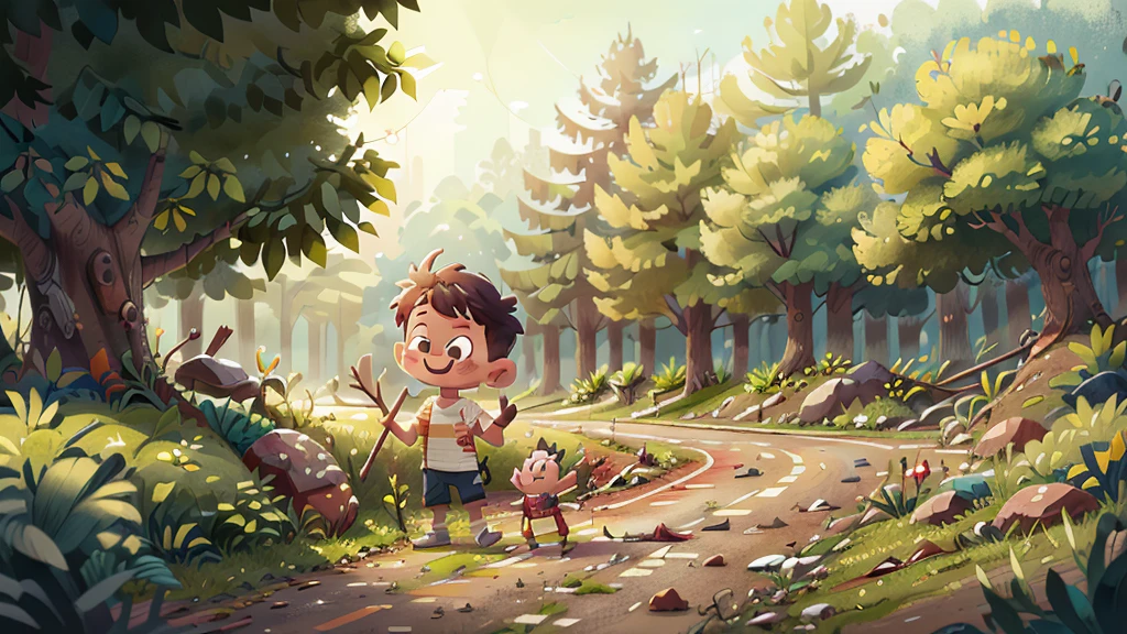 A child picked up a stick on the roadside,Looks like he likes it