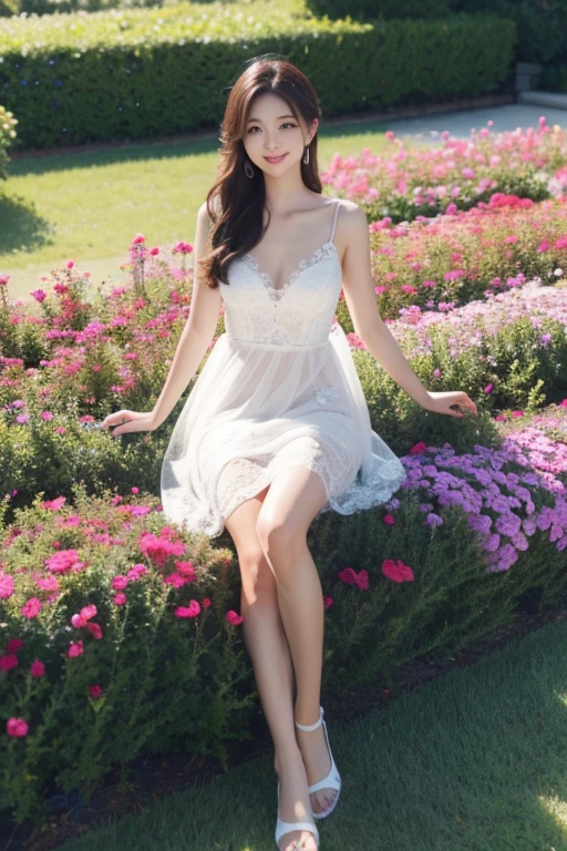 Ulsan-6500-V1.1、Extremely detailed、High definition、Raw color photo、wide shot、1 young woman、Kpop Girl、high detail skin、soft light from above、vivid colors、shiny white skin、wonderful face and eyes、Light makeup、Smile、thin lace long dress、long legs、flower garden、