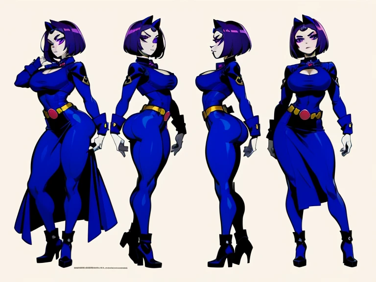 (((character sheet, front view, side view, back view, pose, concept, flat color, plain color))), (Shadman art:1.2), (big blissful eyes:1.2), (reclined), (curvy body:1.2), (highly detailed:1.2), (detailed face and eyes:1.2), (huge breasts:1.2), (busty), (deep cleavage), (breasts bulging:1.3),1girl,solo,RavenTT, dynamic post ,navy-blue cloak, brooch, leotard, belt,short hair,purple hair, purple eyes,black lipstick,grey skin,curvy,wide hips