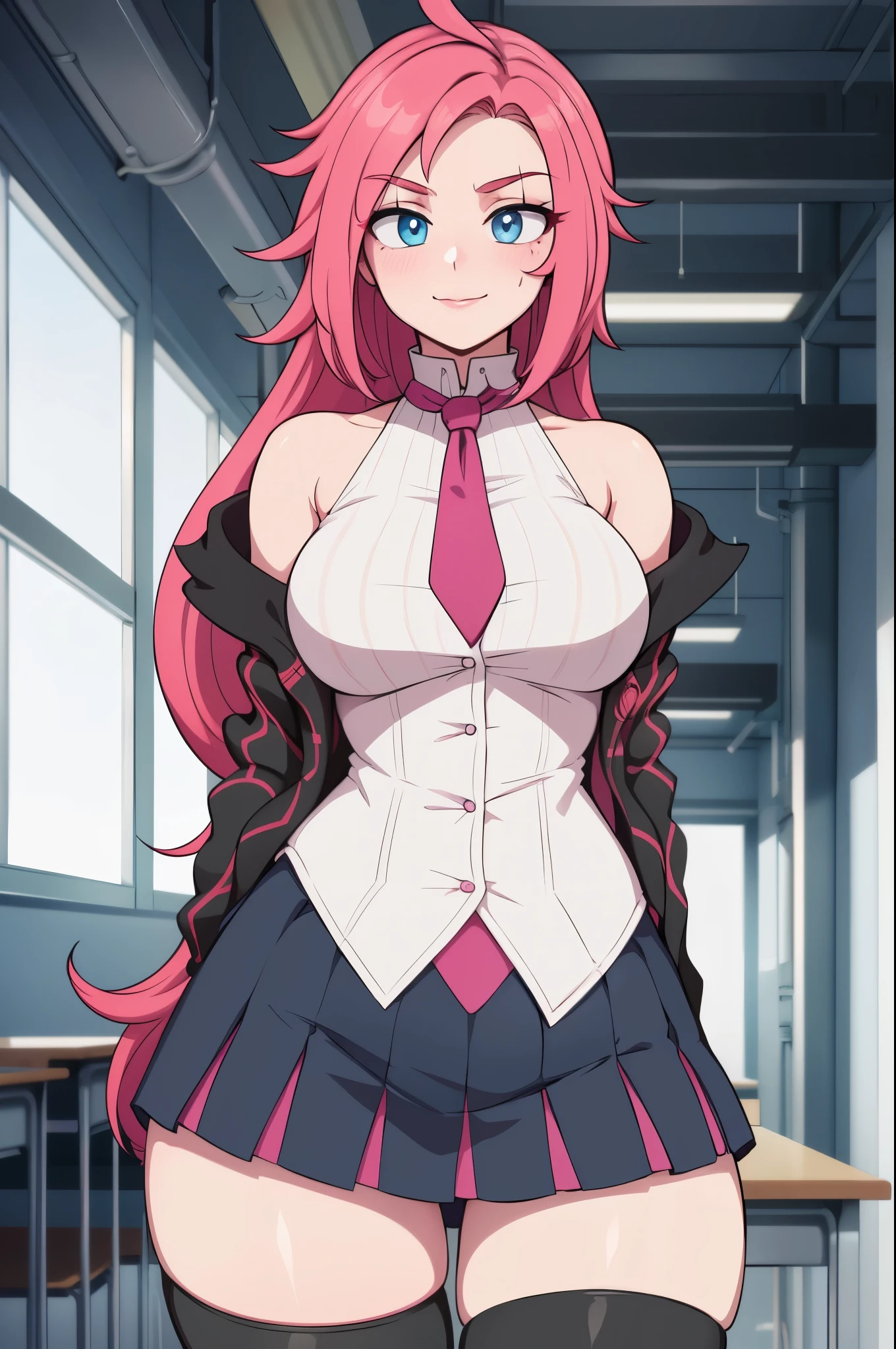 masterpiece, best quality, ultra-detailed, illustration, colorful, flat color, depth of field, 1girl, katarina, anime, standing, pink hair, messy hair, blue eyes, looking at viewer, school, classroom, facial mark, academiaKat, white shirt, necktie, bare shoulders, black jacket, black skirt, thighhighs, detailed skin texture, detailed cloth texture, beautiful detailed face, large breasts, blush, seductive smile