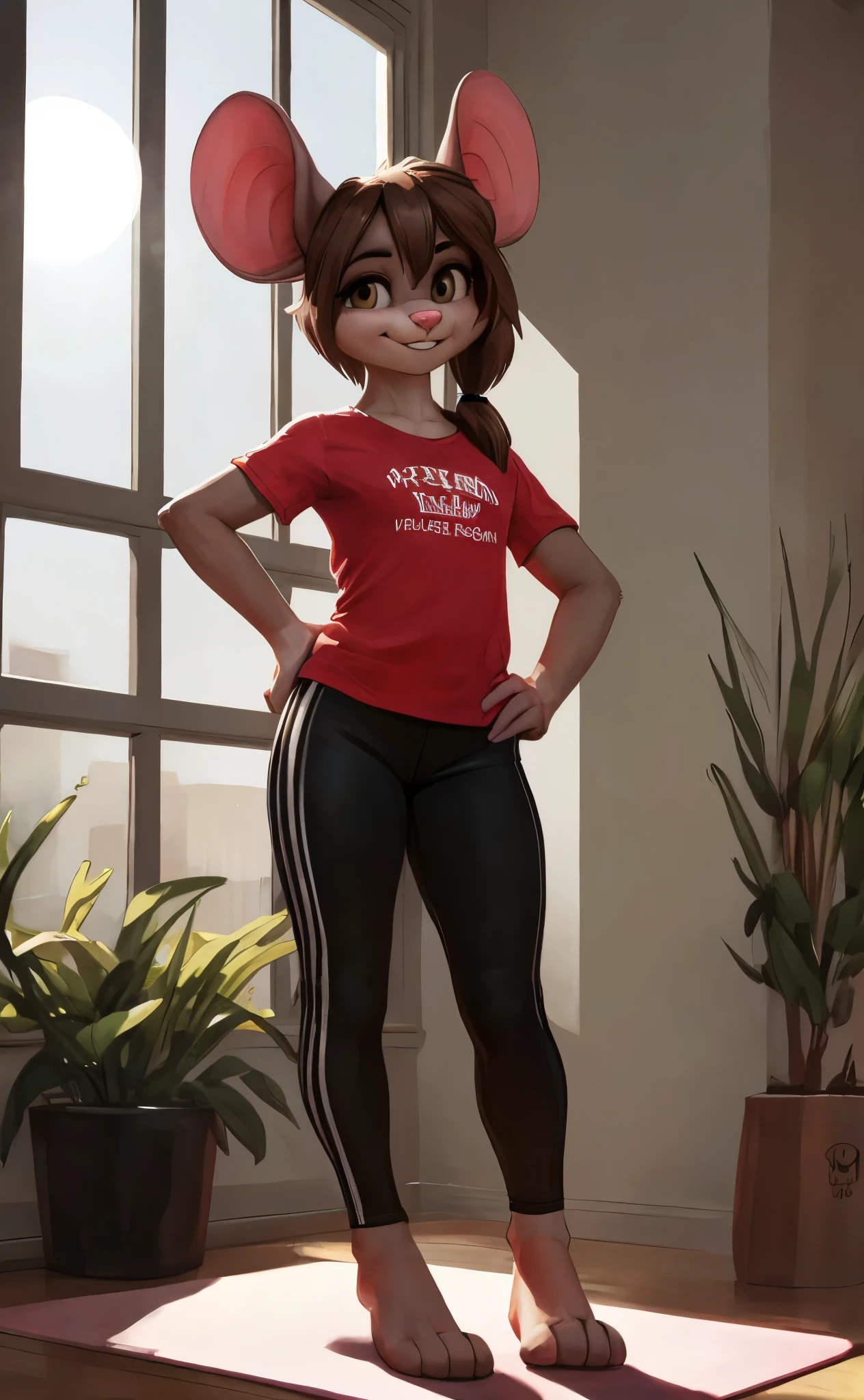 [sam rodoric], [t-kay], [ttothekay], [Uploaded to e621.net; (Pixelsketcher), (wamudraws), (t-kay)], ((masterpiece)), ((HD)), ((high res)), ((solo portrait)), ((full body)), ((fromt view)), ((feet visible)), ((furry; anthro)), ((detailed fur)), ((detailed soft shading)), ((beautiful render art)), {anthro mouse; (skinny figure), grey fur, pink nose, (mouse ears), short brown hair, (long ponytail), (cute brown eyes), (short eyelashes), (beautiful legs), (beautiful feet), (humanoid feet), (flat-chested), (blushing), (smug grin)}, {(red tee shirt), (black yoga pants)}, {(on yoga mat), (standing), (hand on hip), (looking at viewer)}, [background; (living room), (window), (blue sky), (sun rays), (ambient lighting)]
