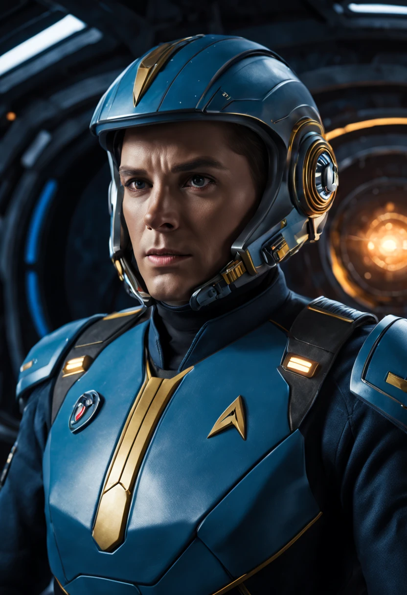 (best quality,4k,8k,highres,masterpiece:1.2),ultra-detailed,(realistic,photorealistic,photo-realistic:1.37),portrait,sci-fi,space,soldier in Startrek,commanding,starship,fight,other ship,advanced technology,elegant uniform,determined expression,galactic battle,warp speed,military rank insignia,ship controls,cockpit,starfleet emblem,blue uniform,golden stripes,starship dashboard,holographic screens,blinking lights,starfield backdrop,strong leadership,heroic stance,fierce competition,stunning visual effects,vibrant colors,dynamic composition,action-packed scene,thrilling lasers and explosions,motion blur,space battles,interstellar voyage,adventure in the universe,laser cannons,shields activated,showdown,scenic planets,impressive starships engulfed with energy beams,sci-fi epic