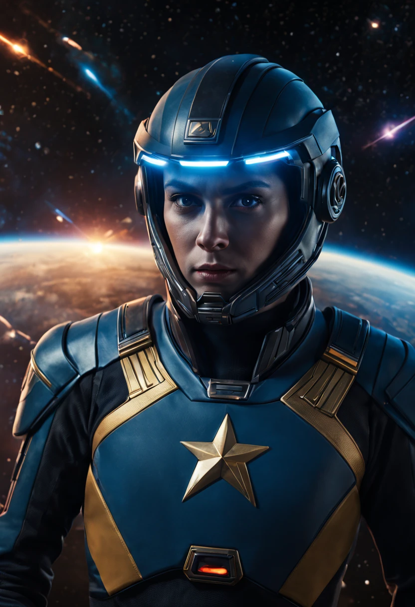 (best quality,4k,8k,highres,masterpiece:1.2),ultra-detailed,(realistic,photorealistic,photo-realistic:1.37),portrait,sci-fi,space,soldier in Startrek,commanding,starship,fight,other ship,advanced technology,elegant uniform,determined expression,galactic battle,warp speed,military rank insignia,ship controls,cockpit,starfleet emblem,blue uniform,golden stripes,starship dashboard,holographic screens,blinking lights,starfield backdrop,strong leadership,heroic stance,fierce competition,stunning visual effects,vibrant colors,dynamic composition,action-packed scene,thrilling lasers and explosions,motion blur,space battles,interstellar voyage,adventure in the universe,laser cannons,shields activated,showdown,scenic planets,impressive starships engulfed with energy beams,sci-fi epic
