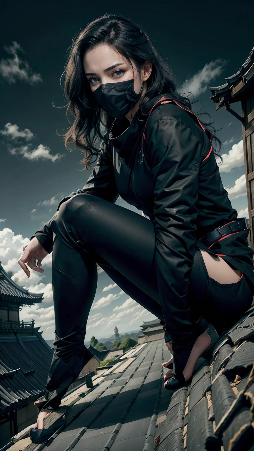 22 year old woman、Hair color is black、blue eyes、long hair、The ends of the hair are wavy、Covering his face with cloth like a ninja、Wearing an all-black ninja suit、Slender but muscular body、I'm on the roof of a Japanese castle、crouching like a ninja