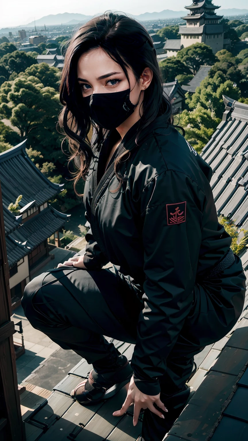 22 year old woman、Hair color is black、blue eyes、long hair、The ends of the hair are wavy、Covering his face with cloth like a ninja、Wearing an all-black ninja suit、Slender but muscular body、I'm on the roof of a Japanese castle、crouching like a ninja