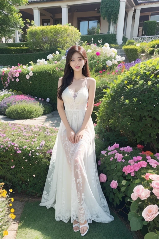 Ulsan-6500-V1.1、Extremely detailed、High definition、Raw color photo、wide shot、1 young woman、Kpop Girl、high detail skin、soft light from above、vivid colors、shiny white skin、wonderful face and eyes、Light makeup、Smile、thin lace long dress、long legs、flower garden、