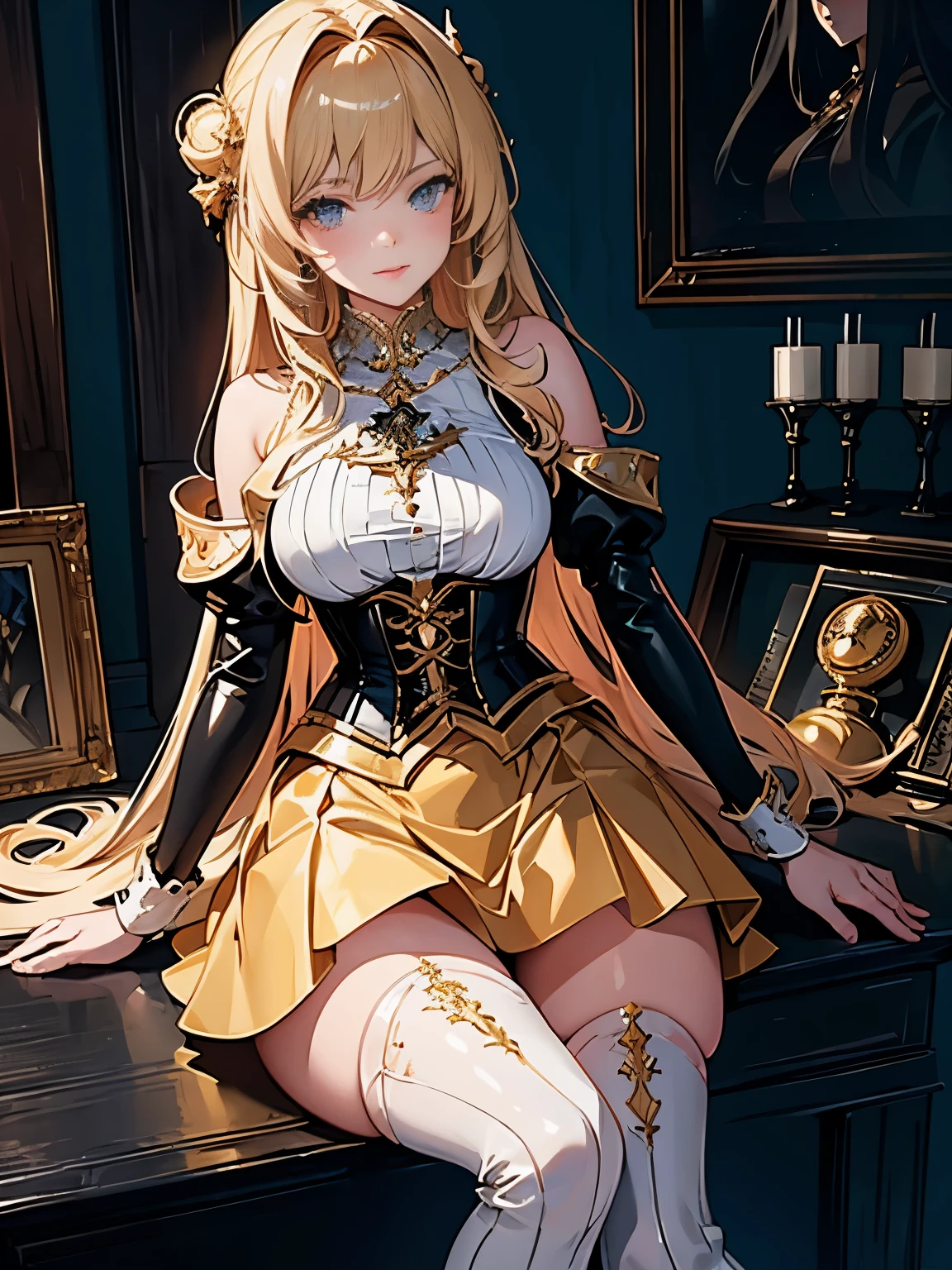 (((masterpiece)))、((highest quality))、(Super detailed)、(CG illustration)、(very beautiful girl))、cinematic light、((1 Mechanical Girl))、 SF、Apocalypse、Erotic grotesque、graduate school(beautiful and luxurious:1.2)、(1 girl:1.3)、facing the front,pale golden long hair,corset,High waist tight skirt