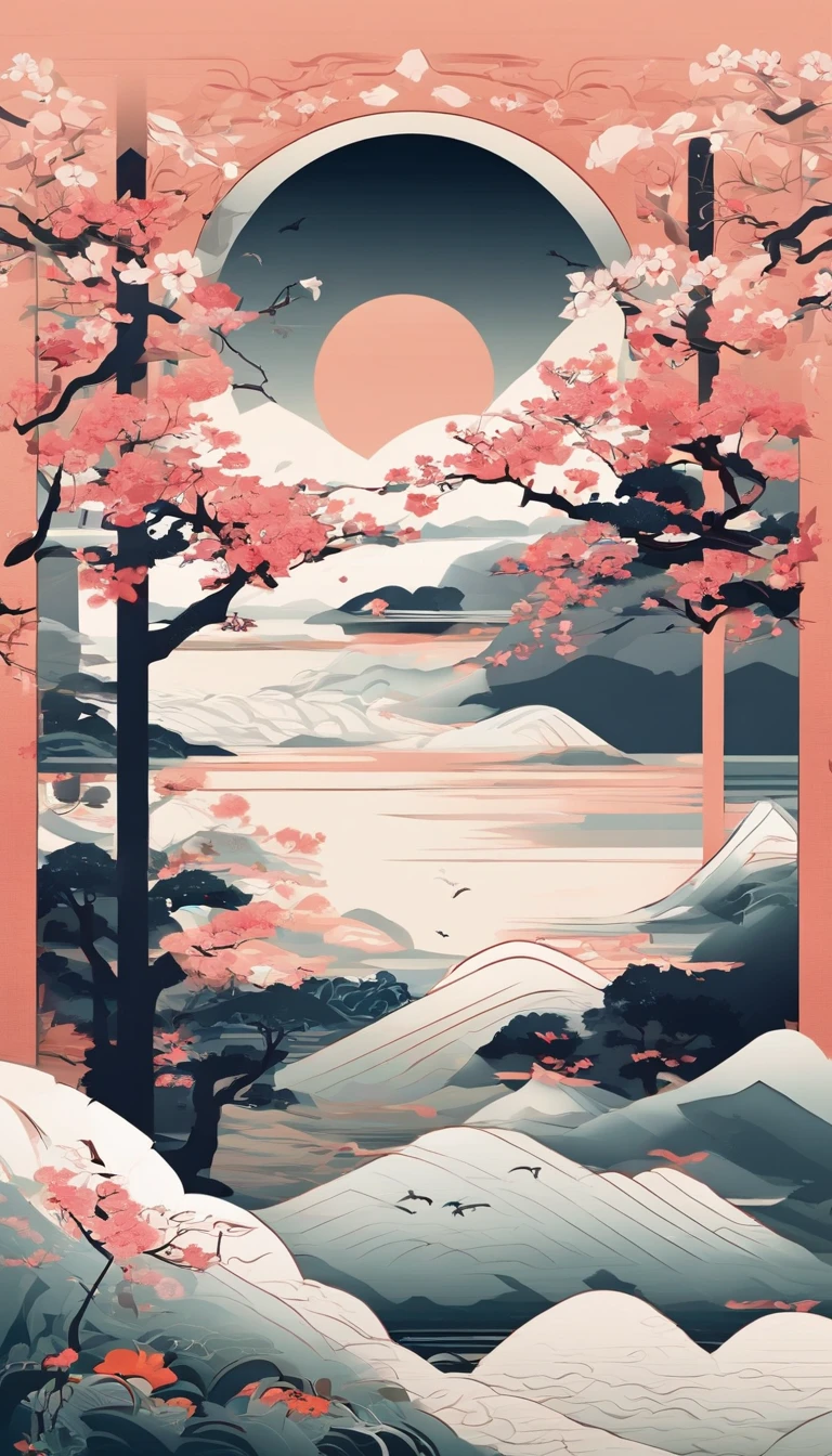 Ancient wind,Beautiful pavilion,Peach blossoms bloom,Clouds,natta,themoon,Towards art,k hd,Hyper-Resolution,accuracy,detail render,(highest quality)(Master masterpieces)(High degree of completion)(a sense of atmosphere)tmasterpiece,ultra - detailed