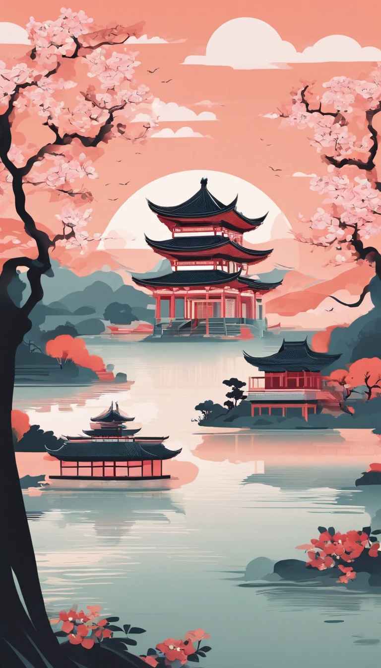 Ancient wind,Beautiful pavilion,Peach blossoms bloom,Clouds,natta,themoon,Towards art,k hd,Hyper-Resolution,accuracy,detail render,(highest quality)(Master masterpieces)(High degree of completion)(a sense of atmosphere)tmasterpiece,ultra - detailed