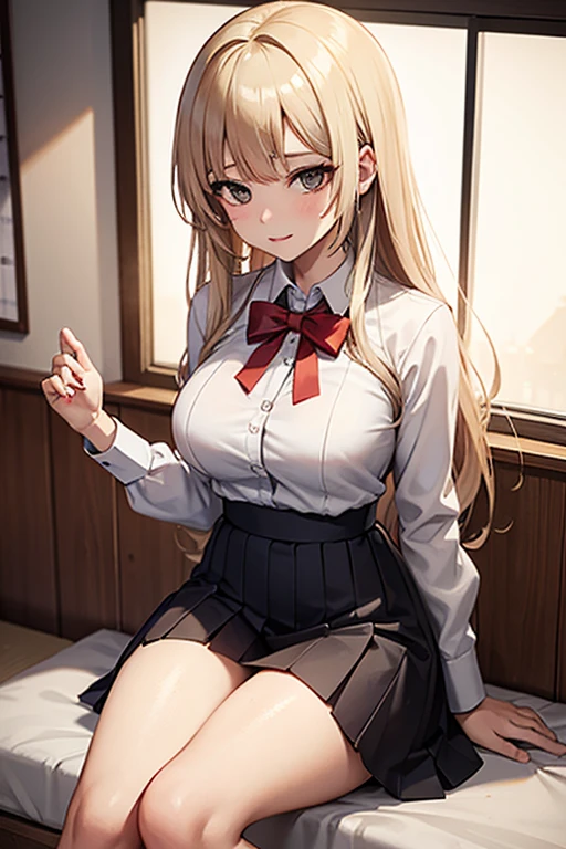 beige hair, large chest, Japanese school uniform, revealing cloth, semi-long hair, pretty girl, 1 girl, black eyes, dead eyes, sexy, fancy ornament, lewd