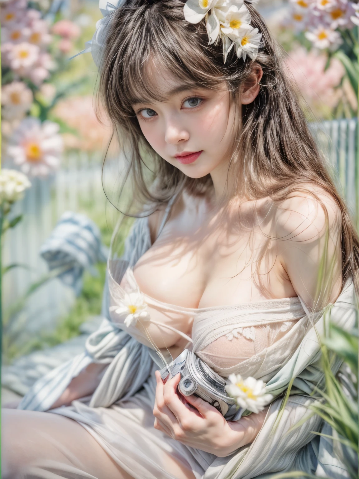 masterpiece、8K、32K、highest quality、(Detailed both eyes)、(cute japanese woman、bangs:1.3)、23 years old、1 girl、elegant、black hair、(retro、film camera:1.4)、knit dress、(huge boobs:1.2)、(flower garden、grass:1.3)、sit