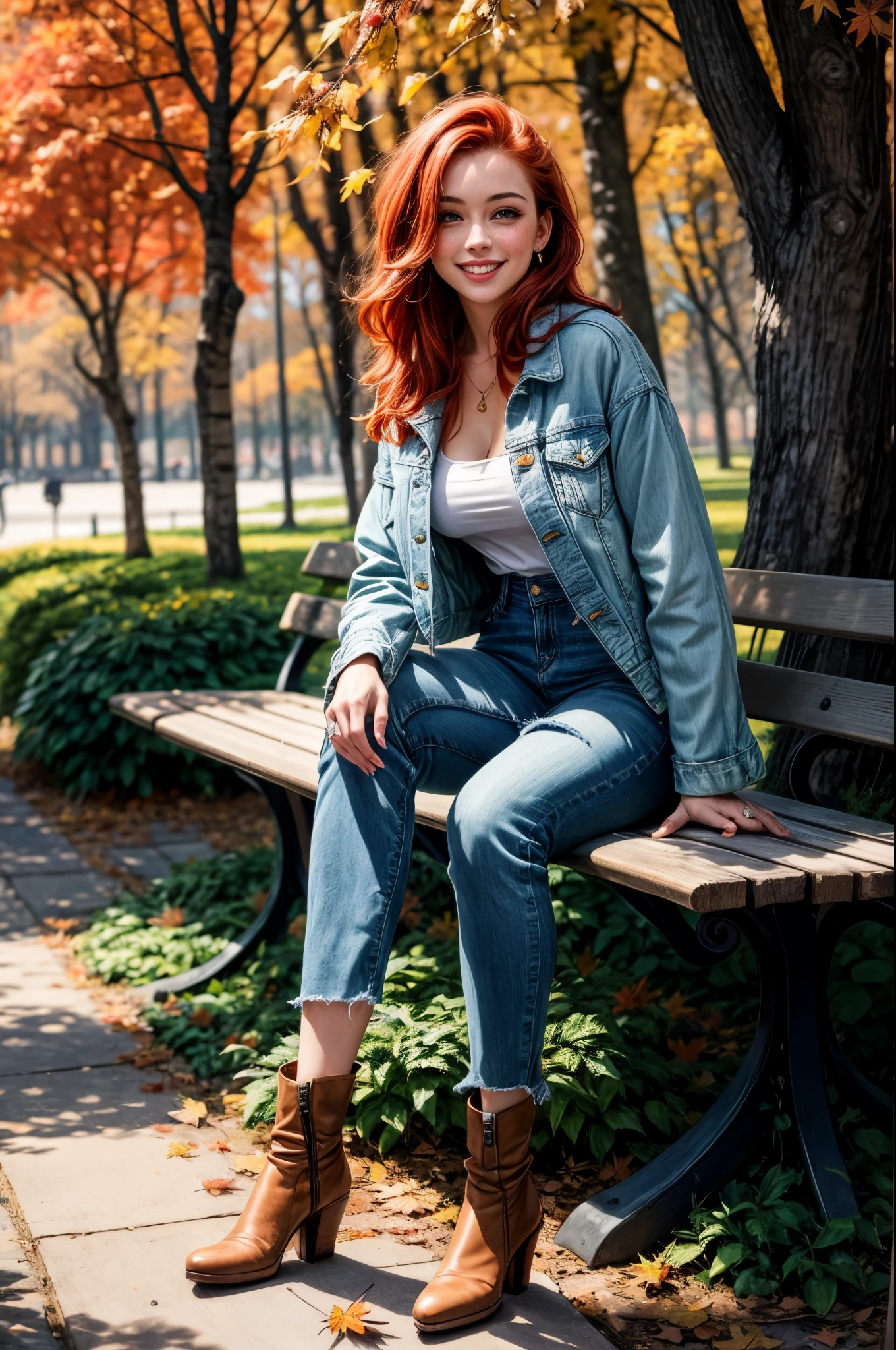 ((full body)), ((best quality)), ((masterpiece)), (detailed), (realistic), young woman, red hair, green eyes, beautiful face, freckles, smiling, casual clothes, denim jacket, white dress, boots, (fashionista:1.2), (autumn:1.3), park, trees, leaves, bench, (romantic:1.2), (oil painting:1.2), (Leonid Afremov:1.1), (impressionist:1.2), warm colors, soft brushstrokes, 8k resolution