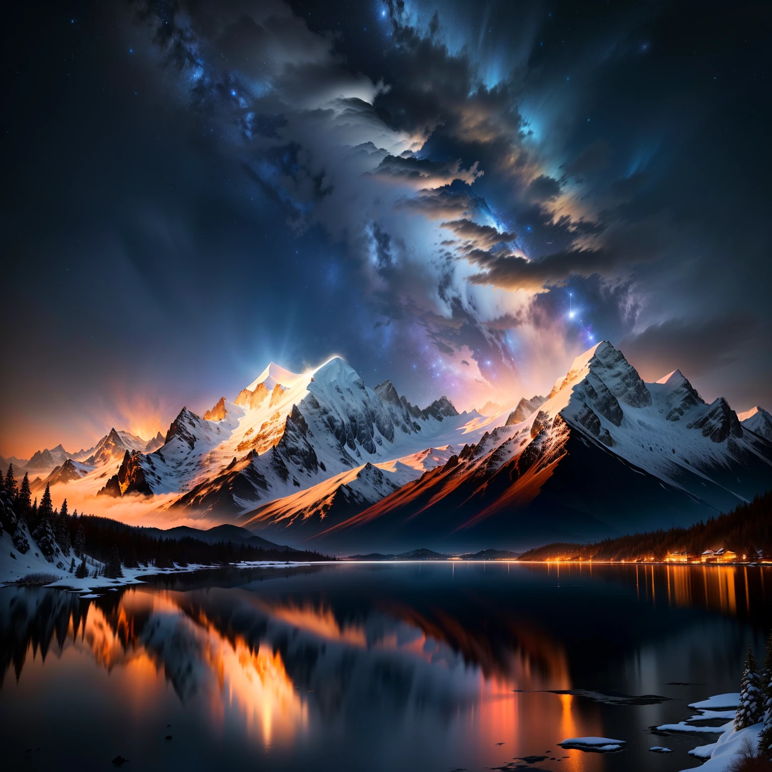 An amazing natural phenomenon in the night sky. Vibrant colors can light up dark skies. In the foreground, a snow-covered mountain can be seen, which adds to the beauty of this scene. Farther away from the beach, there are more mountains that appear blurry due to their distance from us, and he will probably capture this amazing view for himself, (Digital: 1.0), Epic Composition, Realistic Lighting, High-Resolution Details, Masterpiece, Best Quality, (Unified CG Background Highly detailed 8K resolution))