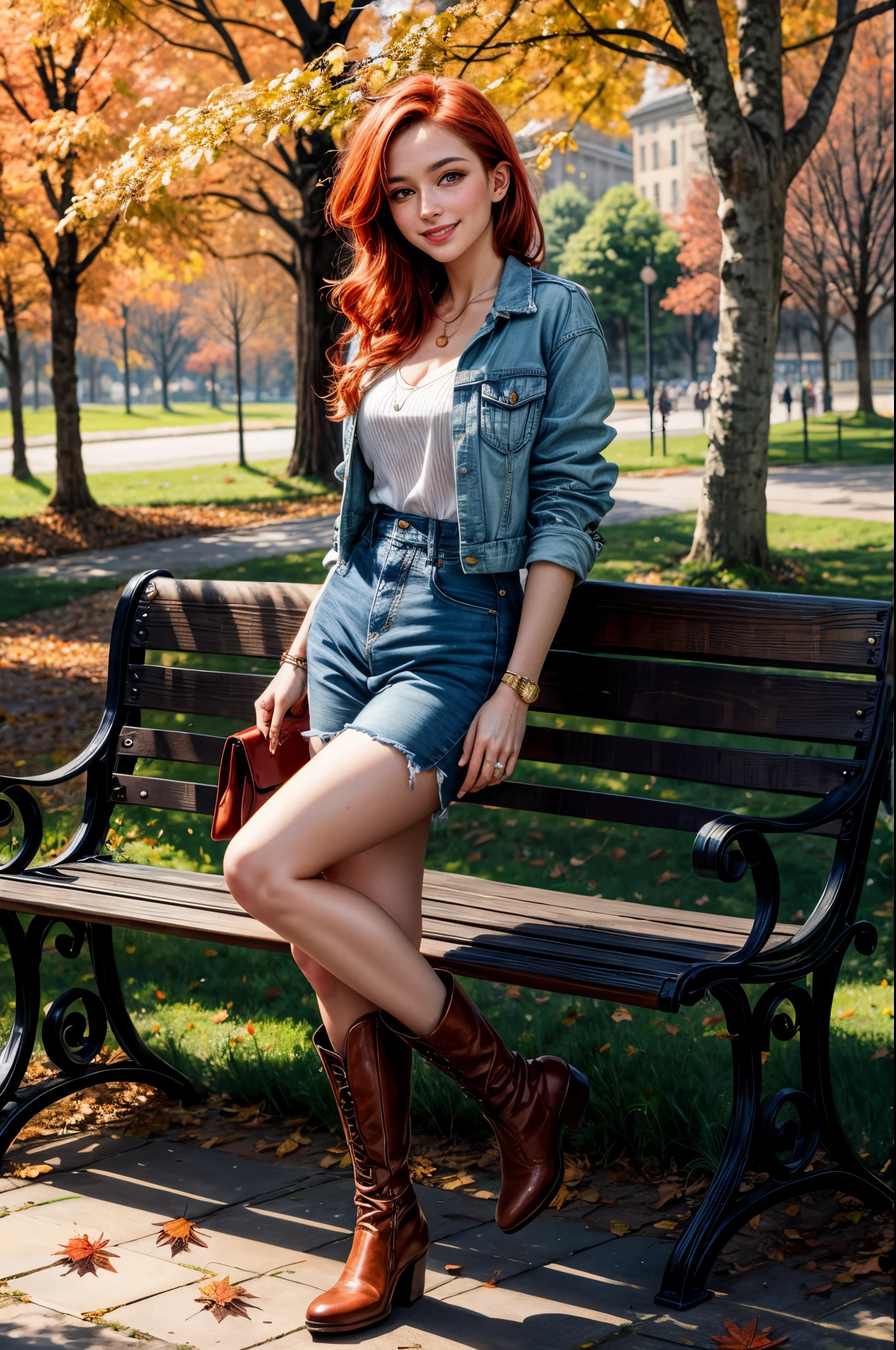 ((full body)), ((best quality)), ((masterpiece)), (detailed), (realistic), young woman, red hair, green eyes, beautiful face, freckles, smiling, casual clothes, denim jacket, white dress, boots, (fashionista:1.2), (autumn:1.3), park, trees, leaves, bench, (romantic:1.2), (oil painting:1.2), (Leonid Afremov:1.1), (impressionist:1.2), warm colors, soft brushstrokes, 8k resolution