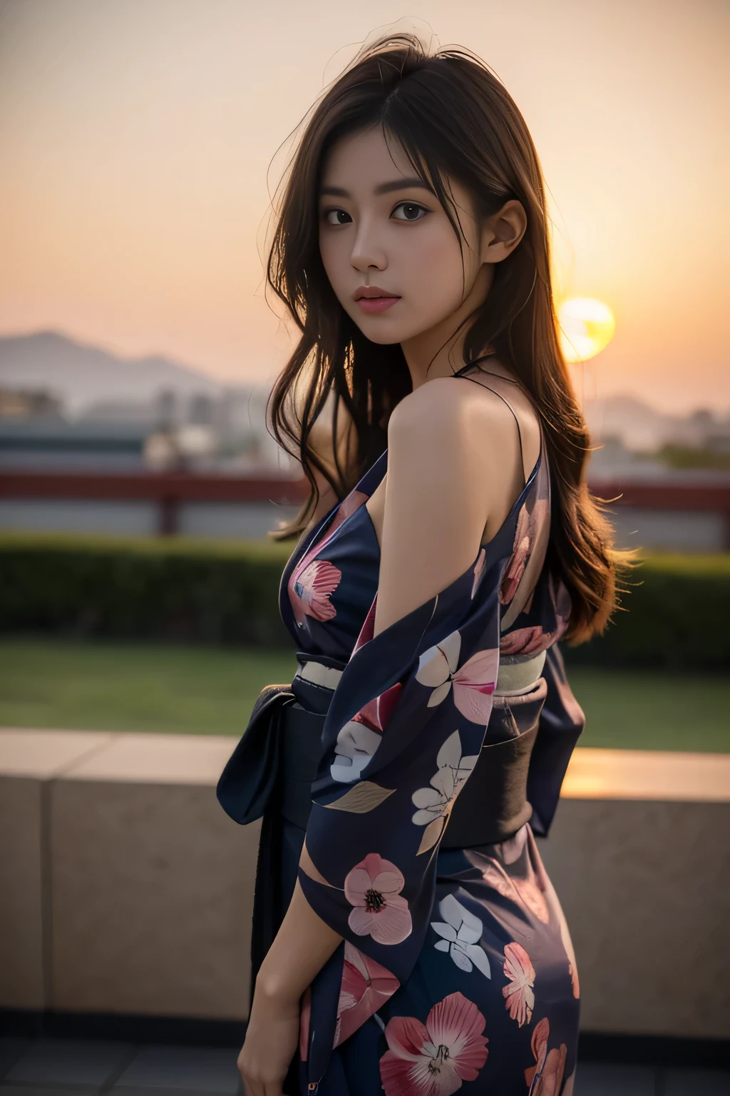 Ultra-detailed 8K Sunset Silhouette photo of a Japanese gravure model with shoulder-length wavy hair and striking hazel eyes. she gives a playful, enticing look towards the camera, wearing a crimson yukata, sunset.
