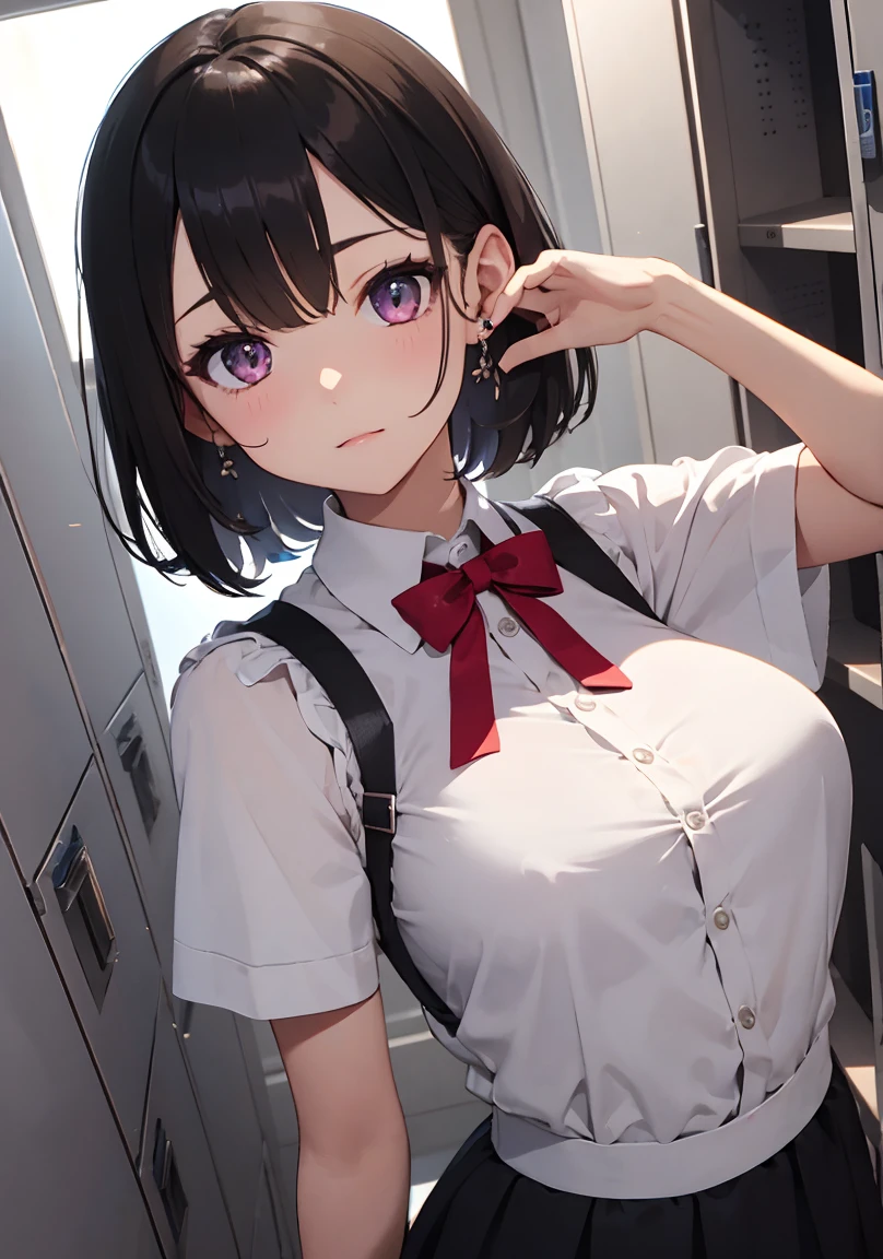 masterpiece, absurdres, best quality, ultra detailed, high Resolution, detailed illustration, extremely beautiful detailed face and eyes, bright colour, 1girl, (li), cute face, Delicate beautiful face, magenta eyes, cute eyes, sparkling eyes, big eyes, medium breasts, (perky breasts:1.1), (pointy breasts:1.1), medium hips, glamorous body, white skin, happy, BREAK, long bob cut, (blonde hair:0.8), messy hair, detailed hair, shiny hair, BREAK maid uniform, tiny ribbon, Changing clothes, workplace locker room, real world, natural lights, perfect lighting,