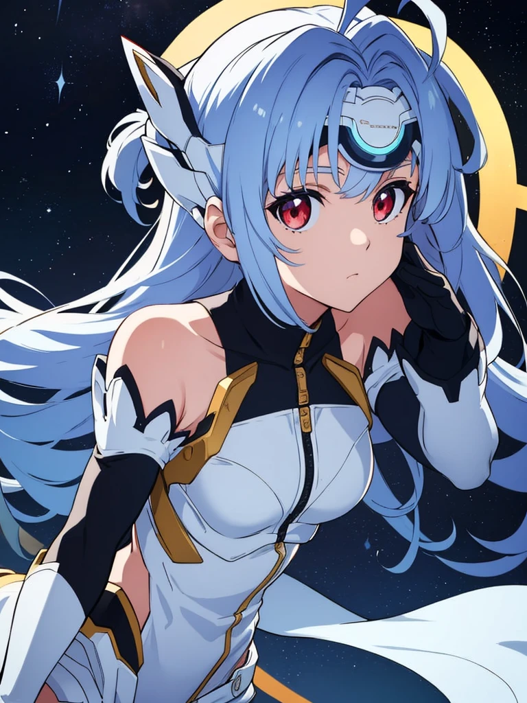 kos-mos,
(mastepiece, best quality, ultra-detailed),
1girl,red eyes,(expressionless),cleavage,sagging breasts,night, star, space,
kawaii, cute, very big eyes, Aesthetic Anime Eyes, small face,
upper body, Cold lighting