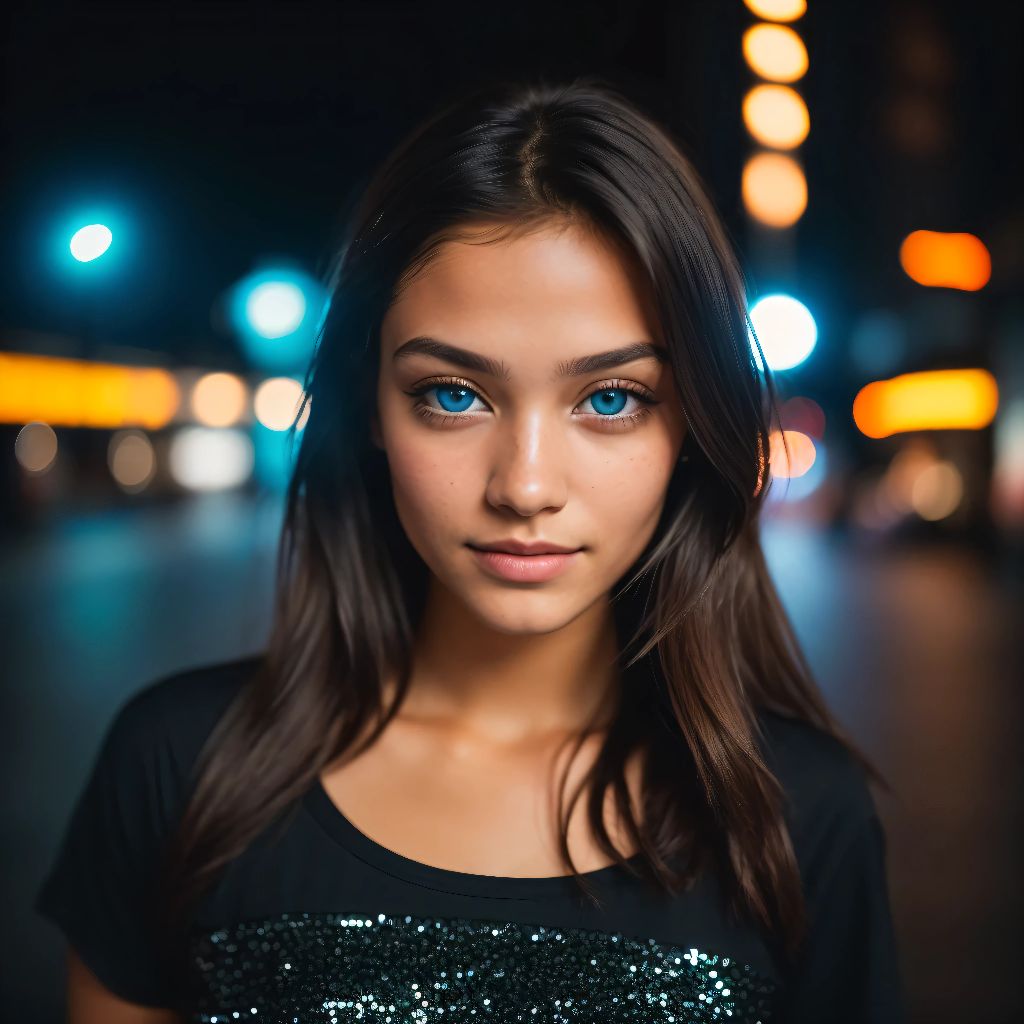 (Portrait), (Half of the body: 1.4), RAW UHD portrait photo of a 24 year old brown (Girl with Blue Eyes), You look about , walking in a dark alley, large breasts, wearing a black t-shirt with a neckline, city at night, details (fabric !, hair !, sequins, colour !! , drawbacks: 1.1), bright eyes with high level of detail (look into camera), SLR lighting, SLR camera, ultra quality, Sharpness, Depth of field, film grain (centre), Fujifilm XT3, crystalline, centre of frame,sharp focus, street lighting, neon lighting, bokeh (low light), night, (night sky), detailed skin pores, oily skin, sunburn, complex eyes, unique face, shooting, Wonderful Spanish Happy Girl, Light on Face, light tan