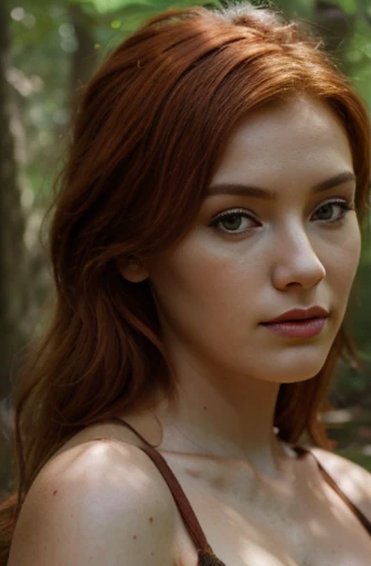 photo of a woman, fiery red hair, 280mm f/5.5 lens, earthy green and brown optical, soft-focused realism, intricate detail, forest daylight –stylize 720 --stylize 750 --v 6