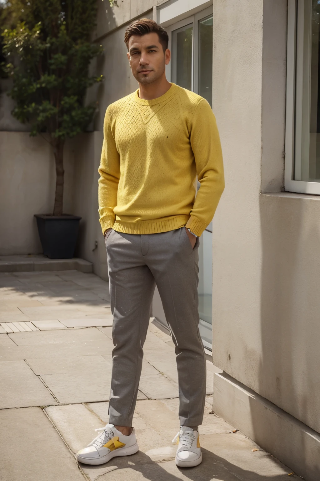 30 years old man at exterior, dressed with a yellow sweater and grey trousers, white shoes, sunny, sun, detailed face