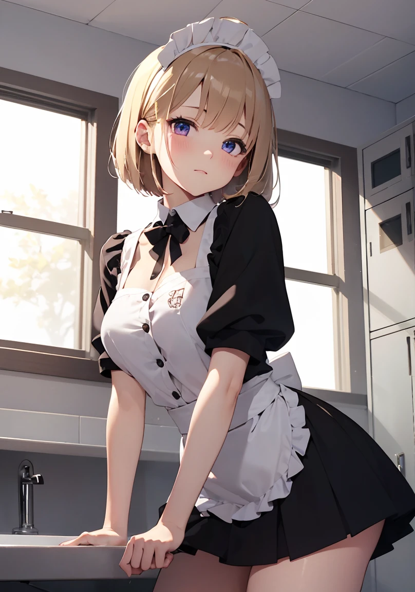 masterpiece, absurdres, best quality, ultra detailed, high Resolution, detailed illustration, extremely beautiful detailed face and eyes, bright colour, 1girl, (loli), cute face, Delicate beautiful face, magenta eyes, cute eyes, sparkling eyes, big eyes, medium breasts, (perky breasts:1.1), (pointy breasts:1.1), medium hips, glamorous body, white skin, happy, BREAK, long bob cut, (blonde hair:0.8), messy hair, detailed hair, shiny hair, BREAK maid uniform, tiny ribbon, Changing clothes, workplace locker room, real world, natural lights, perfect lighting,