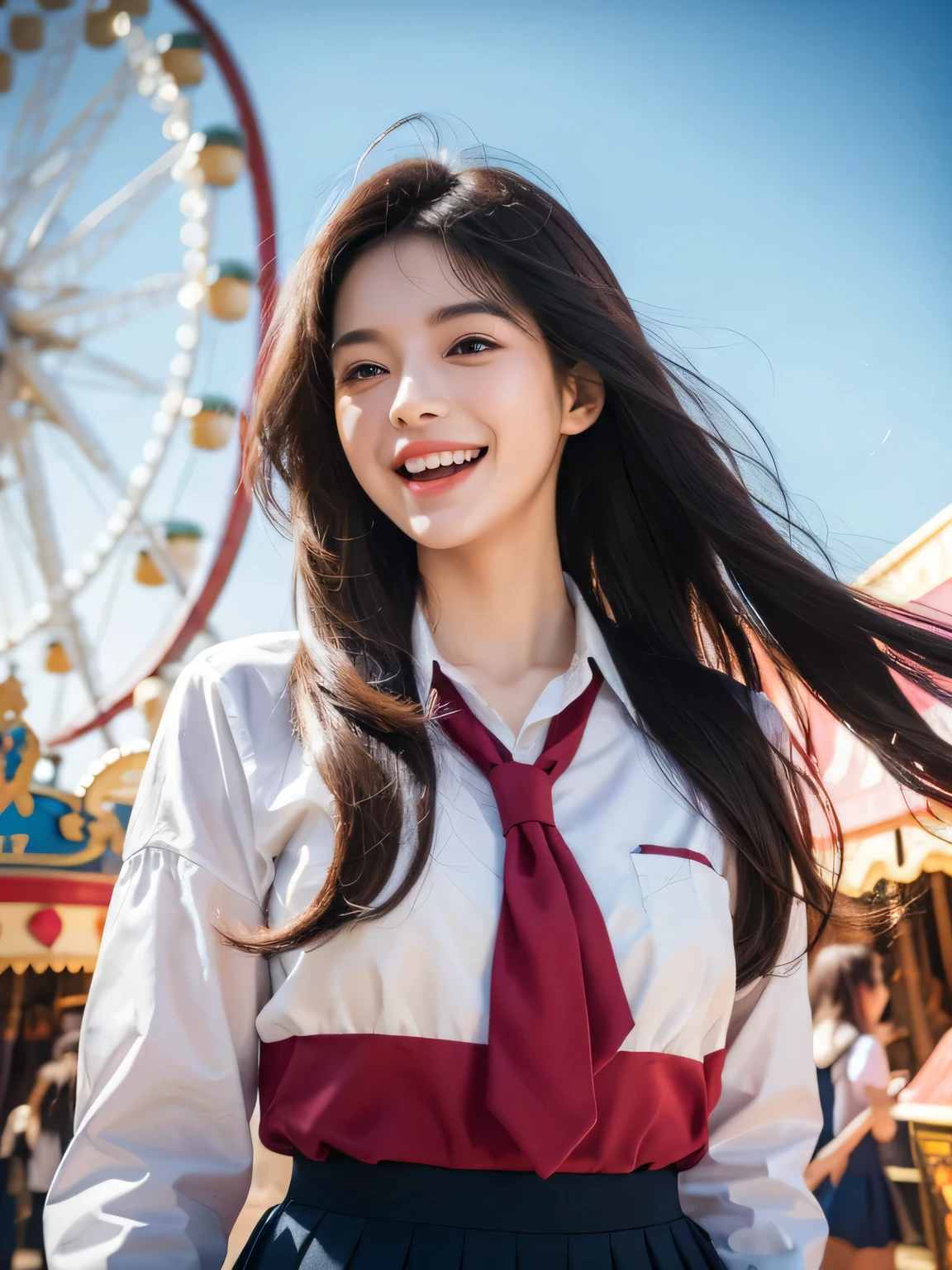 woman in a school uniform,half body shot,flowing hair,(best quality,highres), on the amusement park,illustration,detailed eyes,detailed lips,cheerful expression,vibrant colors,bright lighting,fun atmosphere,happy pose,crowds of people,carousel,hazy background,laughing friends,exciting rides