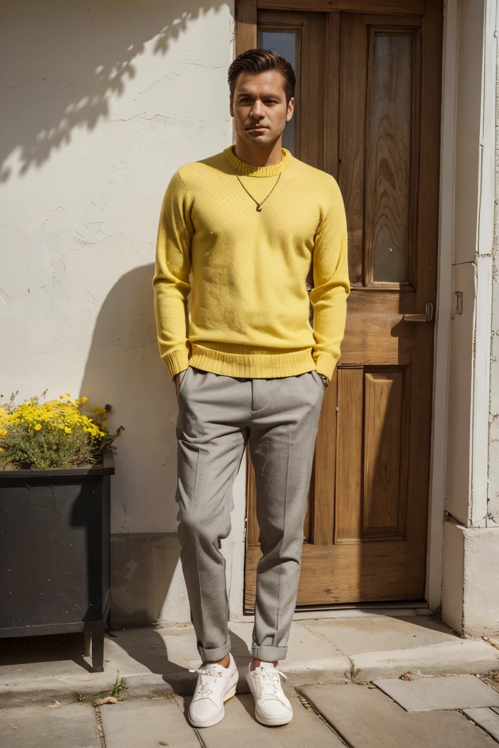 30 years old man at exterior, dressed with a yellow sweater and grey trousers, white shoes, sunny, sun, detailed face