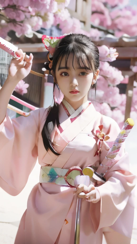 anime girl in a kimono outfit holding a sword and a butterfly, hinata hyuga, by Jin Homura, anime visual of a cute girl, koyoharu gotouge, she is holding a katana sword, inspired by Nishikawa Sukenobu, inspired by Kusumi Morikage, in a kimono, mitsumayo