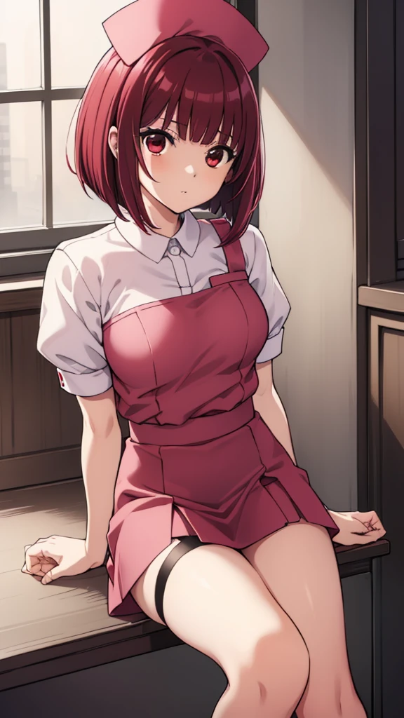 Arima maybe, Arima maybe, bob cut, (red eyes:1.5), redhead, short hair, , nurse cosplay，nurse，hair in the wind，garter belt、thighs，knee high socks，sexy，skirt，White nurse uniform，
break looking at viewer,
break indoors, hospital,
break (masterpiece:1.2), highest quality, High resolution, unity 8k wallpaper, (shape:0.8), (beautiful and detailed eyes:1.6), highly detailed face, perfect lighting, Very detailed CG, (perfect hands, perfect anatomy),