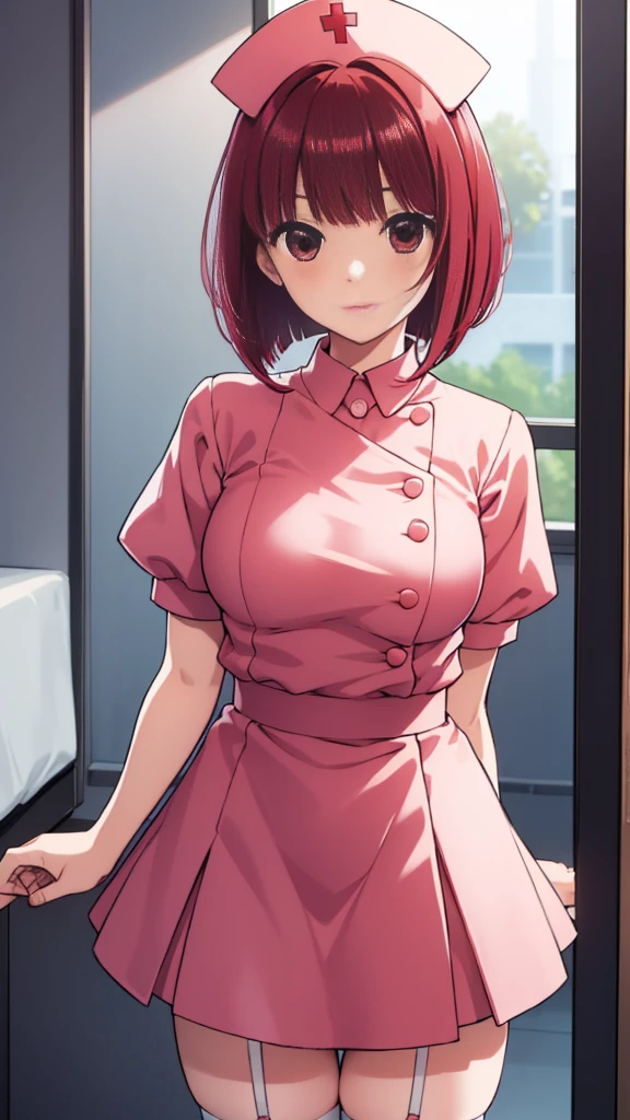 Arima maybe, Arima maybe, bob cut, (red eyes:1.5), redhead, short hair, , nurse cosplay，nurse，hair in the wind，garter belt、thighs，knee high socks，sexy，skirt，White nurse uniform，
break looking at viewer,
break indoors, hospital,
break (masterpiece:1.2), highest quality, High resolution, unity 8k wallpaper, (shape:0.8), (beautiful and detailed eyes:1.6), highly detailed face, perfect lighting, Very detailed CG, (perfect hands, perfect anatomy),