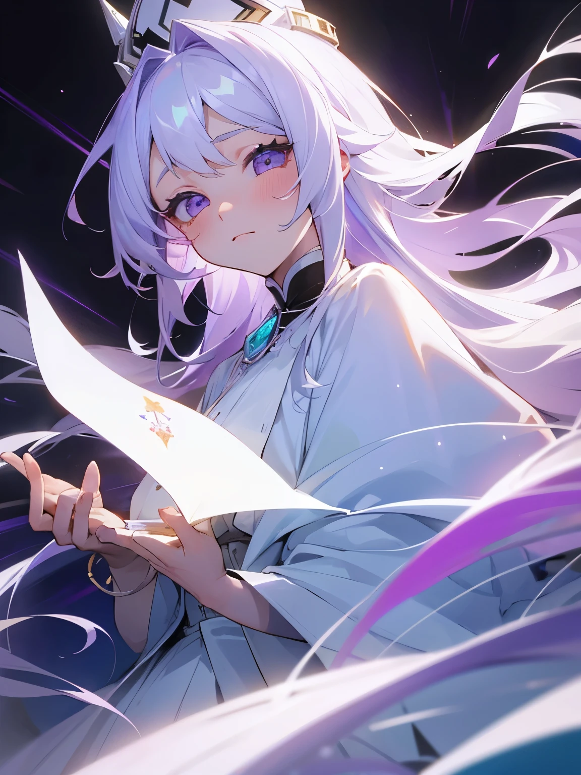 girl、light purple and white hair、Straight Long、beautiful、20-year-old、white clothes、gem、embarrassed、white skin、casino、Fair face
