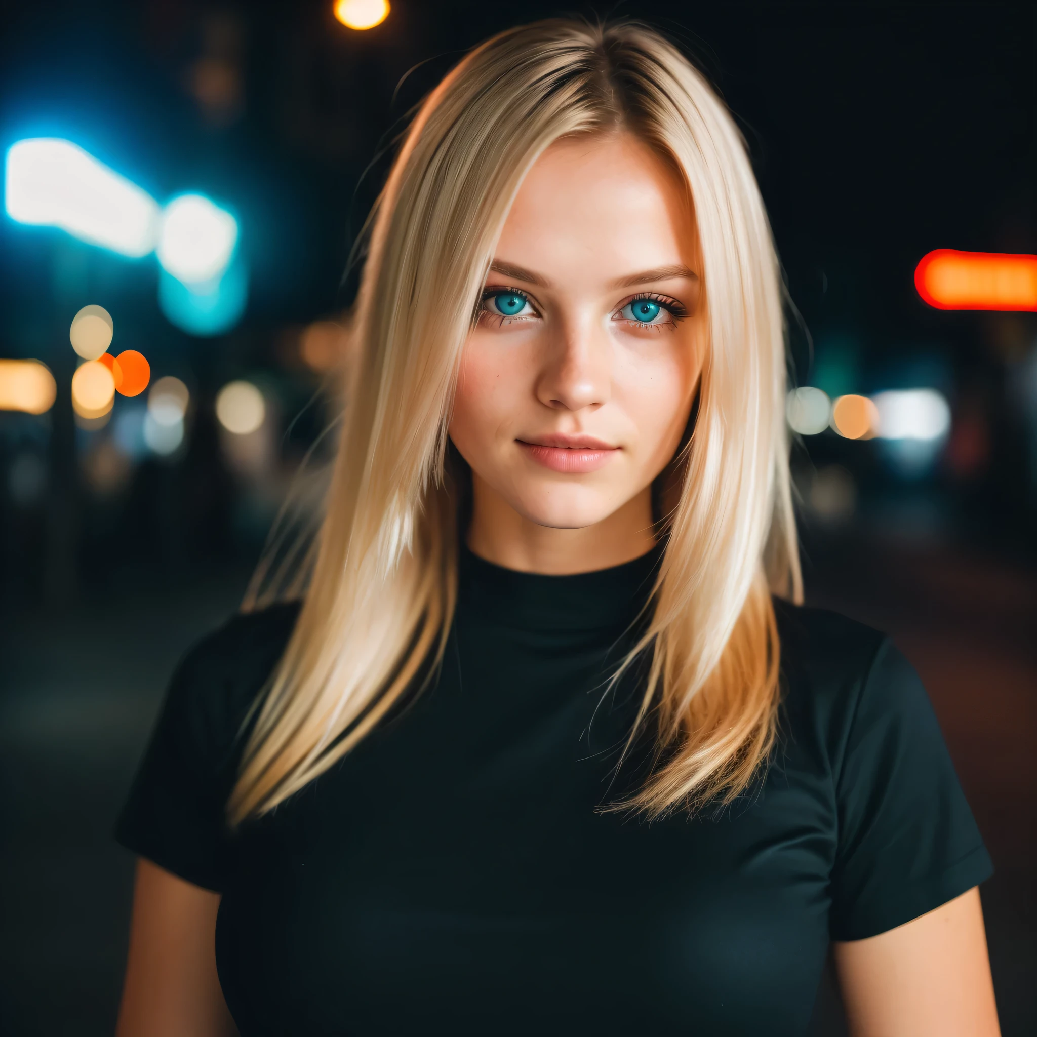 (Portrait), (Half of the body: 1.4), RAW UHD portrait photo of a 24 year old blonde (Girl with Green Eyes), You look about , walking in a dark alley, large breasts, wearing a black t-shirt with a neckline, city at night, details (fabric !, hair !, sequins, colour !! , drawbacks: 1.1), bright eyes with high level of detail (look into camera), SLR lighting, SLR camera, ultra quality, Sharpness, Depth of field, film grain (centre), Fujifilm XT3, crystalline, centre of frame,sharp focus, street lighting, neon lighting, bokeh (low light), night, (night sky), detailed skin pores, oily skin, sunburn, complex eyes, unique face, shooting, Wonderful Ukranian Happy Girl, Light on Face