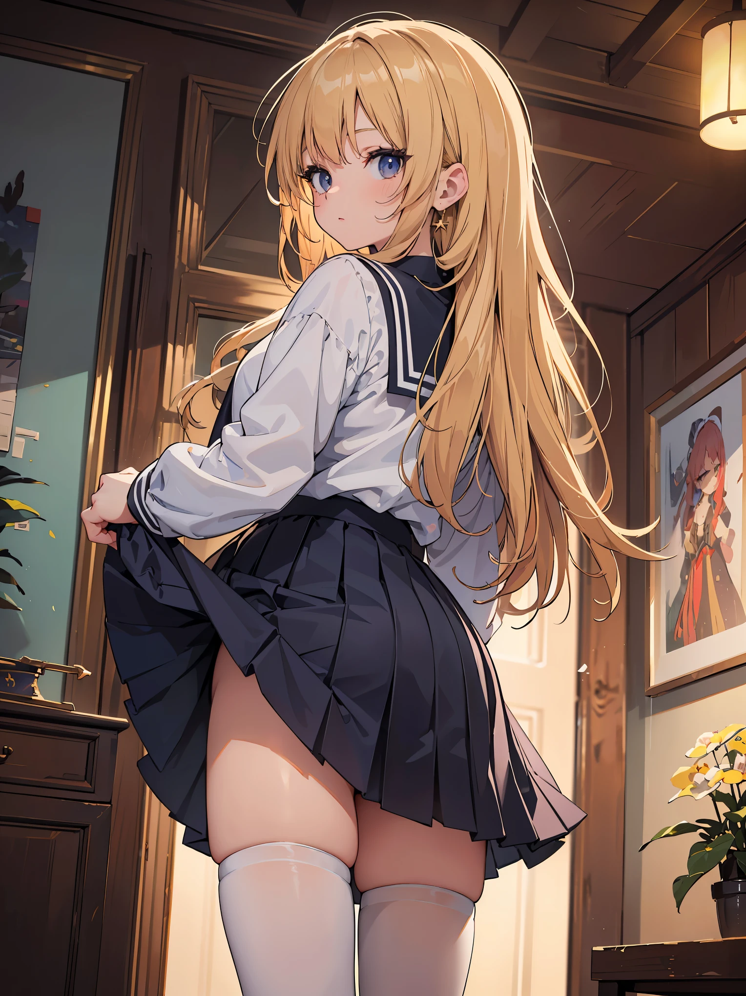 (Super Finest Work of God of Creation: 1.4), (Super Absolute Resolution: 1.4), (Best Masterpiece of God of Art: 1.4), Highly detailed face, original characters, perfect lighting, best colors, colorful , beautiful, fine details, natural volumetric lighting and best shadows, deep depth of field, (highest quality, amazing details: 1.4), (complex, detailed and realistic materials, textures and light sources: 1.3), (perfect Anatomy: 1.2), Ultra-detailed skin, (Best lighting by famous artists: 1.2), 8K, (Acting guidance of charming poses by famous masters: 1.4), (1 girl), Solo, Beauty of Aphrodite reincarnation, , long hair, long sleeves, tie, school uniform, pleated skirt, juliet sleeves, black stockings, pink shirt, cowboy shot, (skirt lift:1.3), indoors, , (depth of field: 1.5), Head tilted, looking at the viewer from behind, looking back, flexible Torso, looking up,