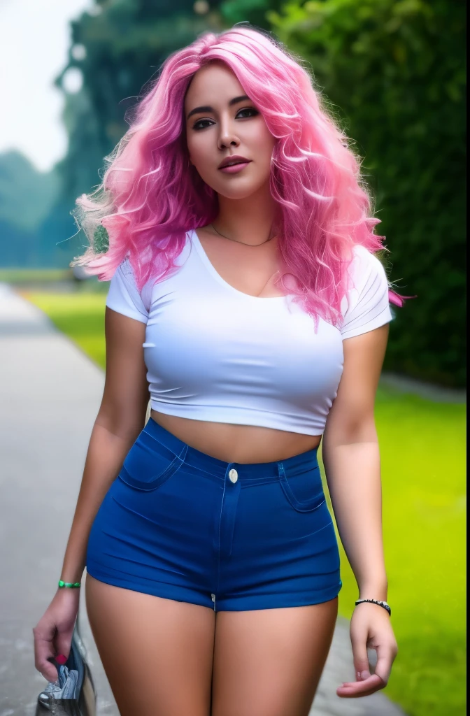 Very attractive 25 year old caucasian female with long wavy bright pink hair, wearing shorts, t-shire, bare midriff, posing next to a tree in Tanzania, at sunrise, photo quality