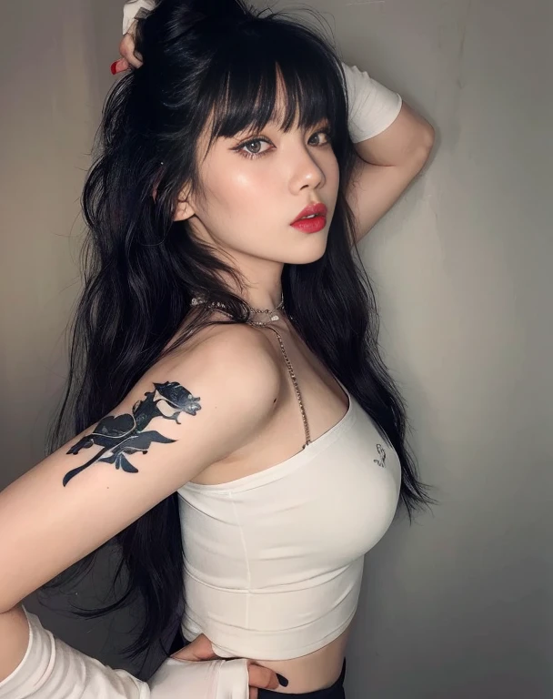 Woman with a tattoo on her arm and a white top, Ulzzang, cruel korean goth girl, de menina taiwanesa com tatuagens, Menina coreana, ela tem cabelo preto com franja, pale gothic beauty, 🤤 retrato da menina, cabelo preto longo com franja, Mulher sul-coreana bonita, por Yang J, Modelo IG | artegerm, Xisionwu