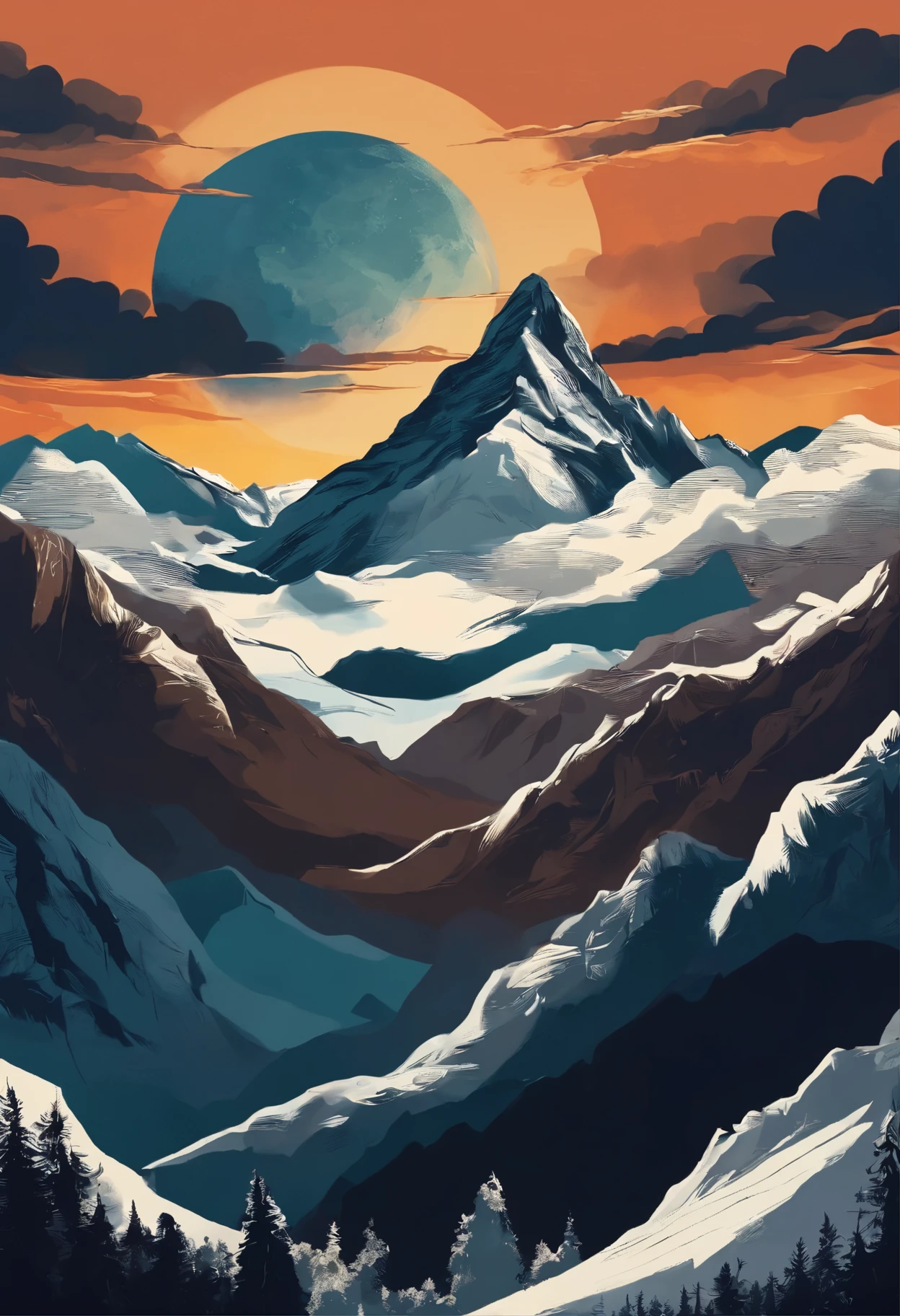 Mountain,clouds, moon, darkness,vectorial art
