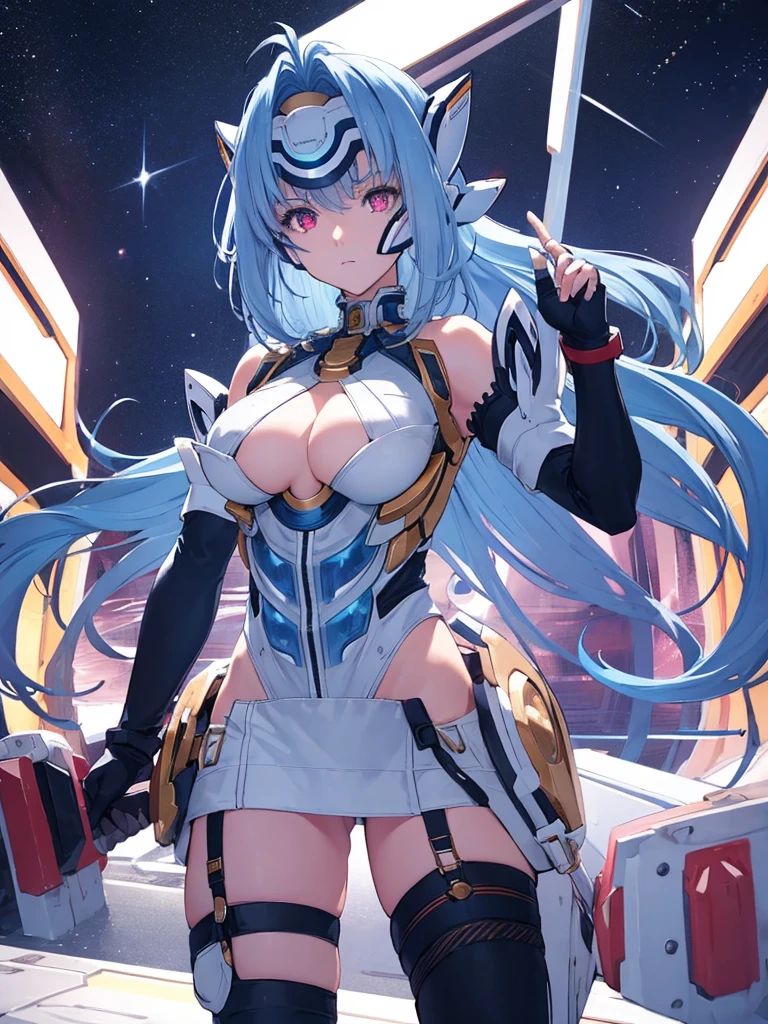 kos-mos,
(mastepiece, best quality, ultra-detailed),
1girl,red eyes,(expressionless),cleavage,sagging breasts,night, star, space,
kawaii, cute, very big eyes, Aesthetic Anime Eyes, small face,
upper body, Cold lighting