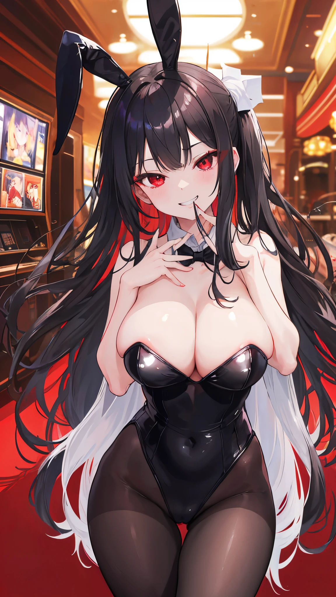 (8K、Highest image quality、highest quality、masterpiece)、detailed face、1 girl、long hair,、dull bangs,、red eyes、evil smile、grin、big breasts、black playboy bunny、shiny、black pantyhose、cowboy shot、Hands in the mouth、guess、casino background