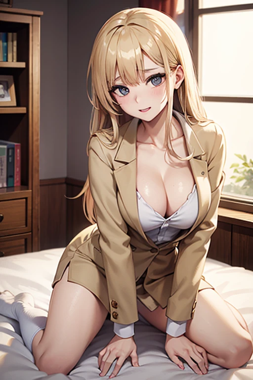 beige hair, large chest, Japanese school uniform, revealing cloth, semi-long hair, pretty girl, 1 girl, black eyes, dead eyes, sexy, fancy ornament, lewd, full-body illustration