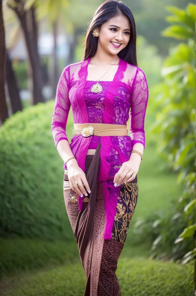 (Best quality, high resolution, Masterpiece: 1.3), a beautiful woman with a slender figure, (dark brown layered hairstyle), wearing a pendant, ((kebaya_bali)) outdoors, scenic beauty, Singaraja-Bali city with a distant background, details in face and skin texture beautifully rendered, details eyes, (best quality, high resolution, masterpiece: 1.3), a beautiful woman with a slim figure, (dark brown layered hairstyle),((kebaya_bali)), outdoors, background random, details in face and skin texture beautifully rendered, detail eyes, double eyelids, seductive laugh, feminine laugh, seductive pose