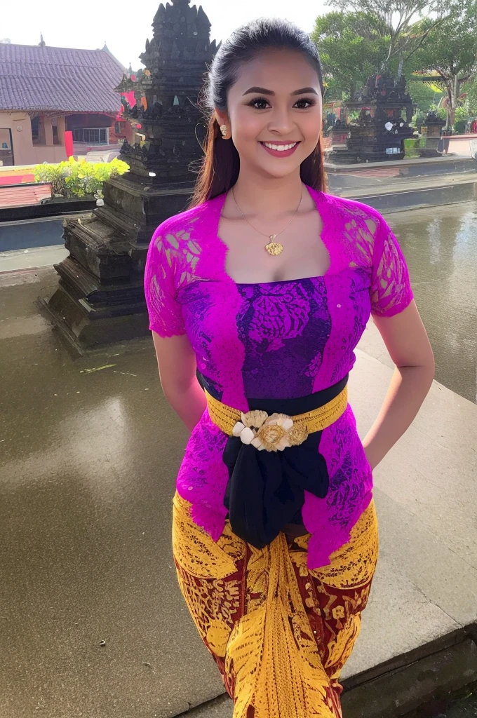 (Best quality, high resolution, Masterpiece: 1.3), a beautiful woman with a slender figure, (dark brown layered hairstyle), wearing a pendant, ((kebaya_bali)) outdoors, scenic beauty, Singaraja-Bali city with a distant background, details in face and skin texture beautifully rendered, details eyes, (best quality, high resolution, masterpiece: 1.3), a beautiful woman with a slim figure, (dark brown layered hairstyle),((kebaya_bali)), outdoors, background random, details in face and skin texture beautifully rendered, detail eyes, double eyelids, seductive laugh, feminine laugh, seductive pose